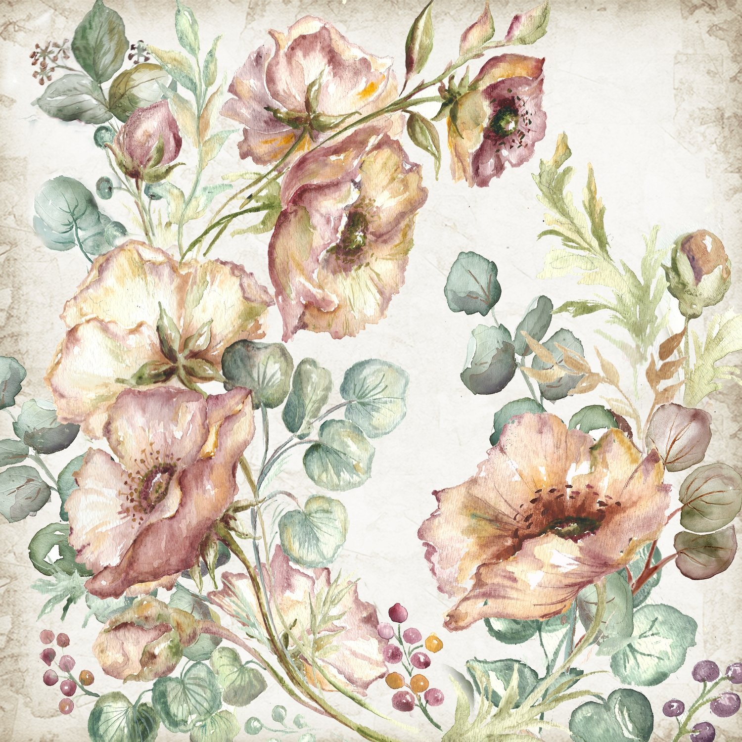 Blush Poppies and Eucalyptus Watercolor Square 1
