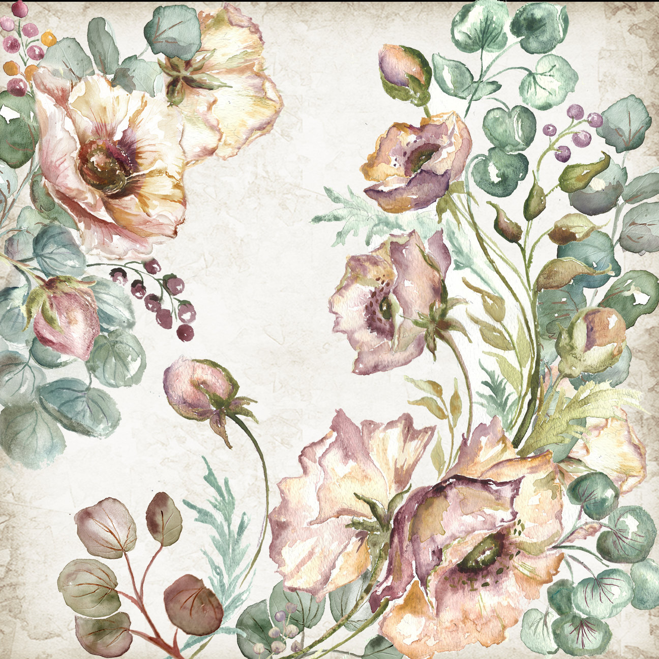 Blush Poppies and Eucalyptus Watercolor Square 2