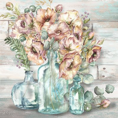 Blush Poppies and Eucalyptus in Vintage Bottles against Shiplap Watercolor