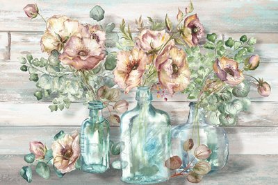 Blush Poppies and Eucalyptus in Vintage Bottles against Shiplap Landscape Watercolor