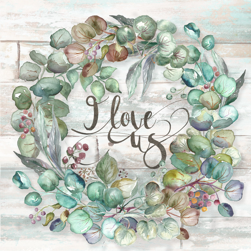 Eucalyptus Wreath &quot;I love us&quot;  Watercolor Square 1