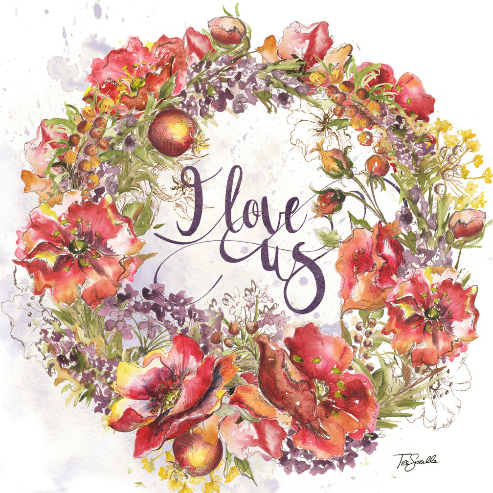 Red and purple Poppy Watercolor Sketch Wreath &quot;I love us&quot;