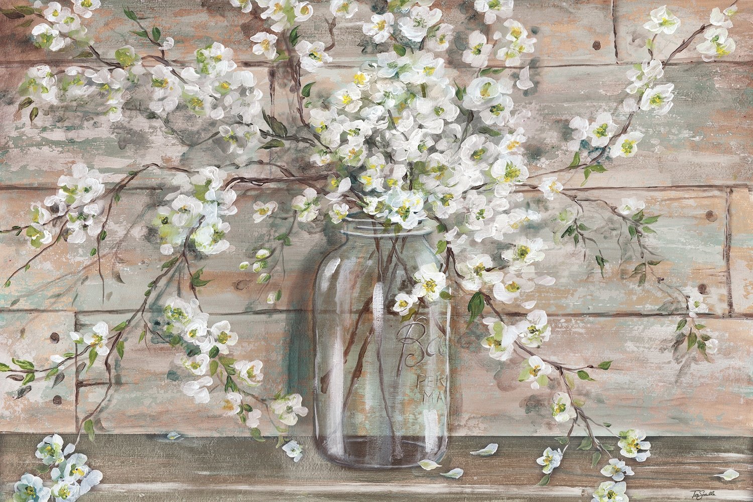 Blossoms in Mason Jar against Distressed Wood Neutral Tones