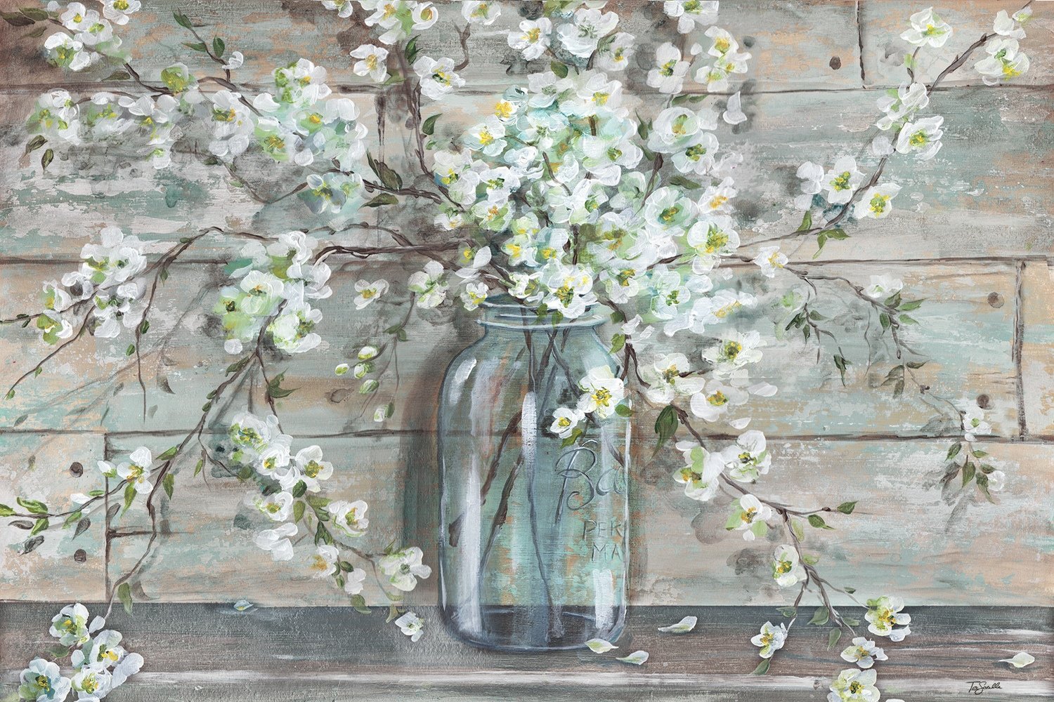 Blossoms in Mason Jar against Distressed Wood Grey Tones