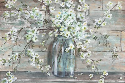 Blossoms in Mason Jar against Distressed Wood Grey Tones
