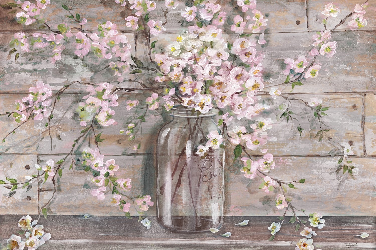 Pink Blossoms in Mason Jar against Distressed Wood Grey Tones