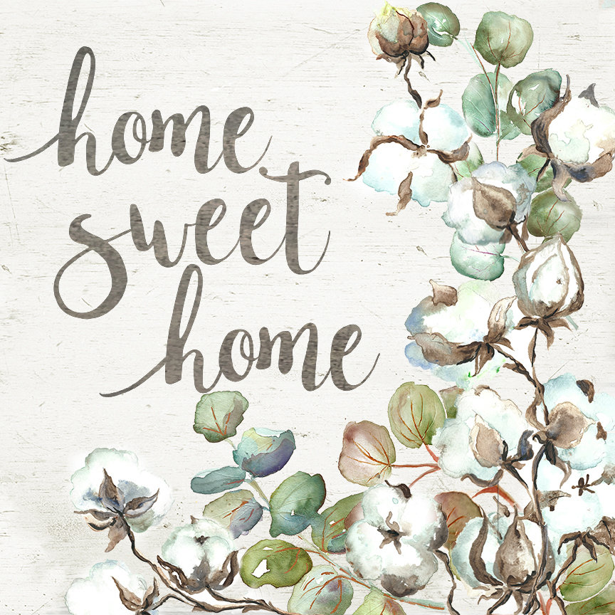 Eucalyptus and Cotton Boll Watercolor Home Sweet Home