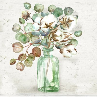 Eucalyptus and Cotton Boll Branches in Vintage Glass Bottle