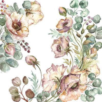 Blush Poppies and Eucalyptus Watercolor on White Square 2