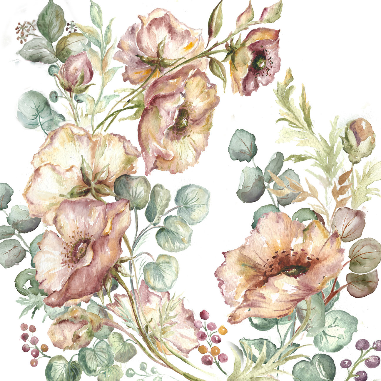 Blush Poppies and Eucalyptus Watercolor on White Square 1