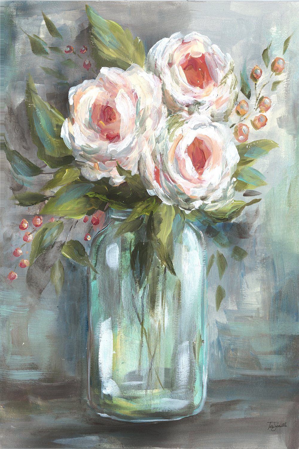 Blooms in Mason Jar Impressionist Acrylic Painting Vertical