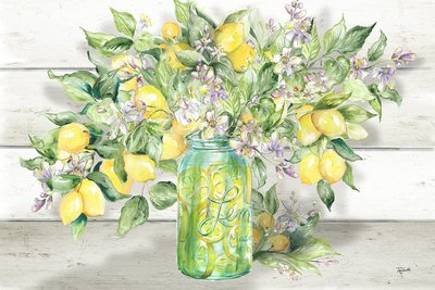 Lemon Branches and Blossoms in Mason Jar against Shiplap Landscape Watercolor