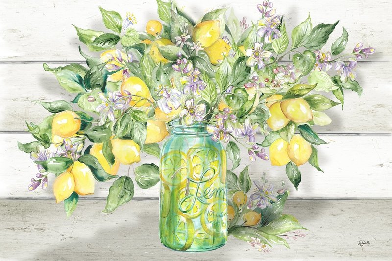 Lemon Branches and Blossoms in Mason Jar against Shiplap Landscape Watercolor