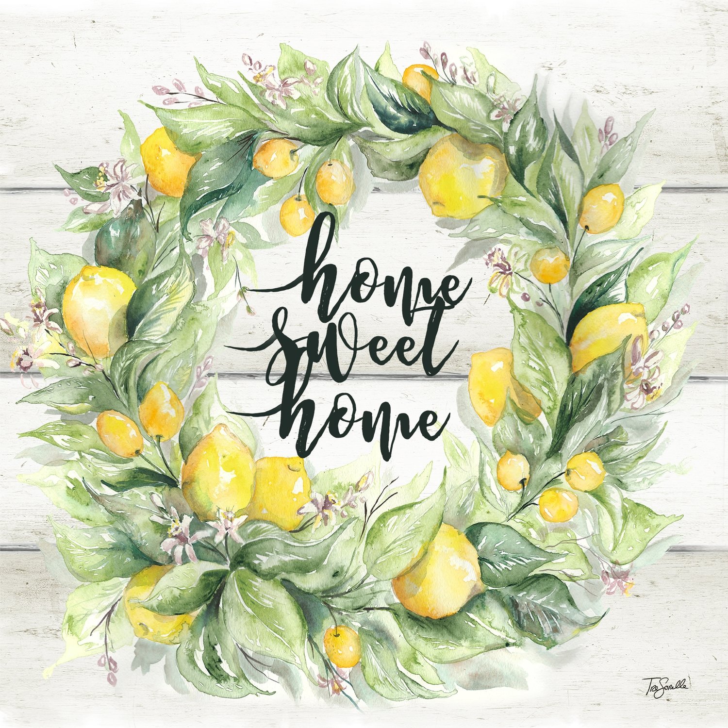 Watercolor Lemon, Kumquat, and Greenery Wreath &quot;Home Sweet Home&quot;