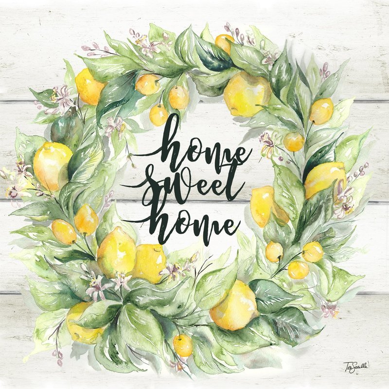 Watercolor Lemon, Kumquat, and Greenery Wreath &quot;Home Sweet Home&quot;