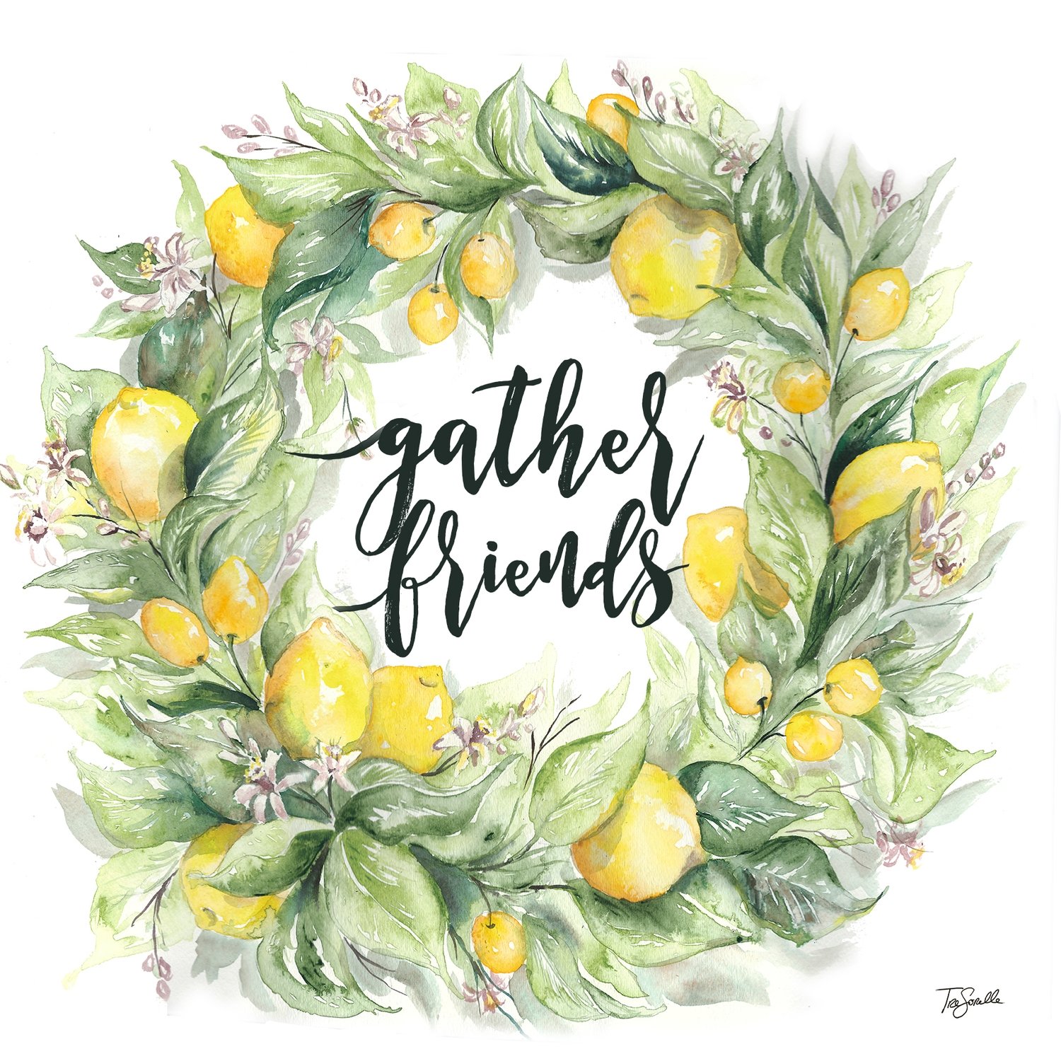 Watercolor Lemon, Kumquat, and Greenery Wreath &quot;gather friends&quot;