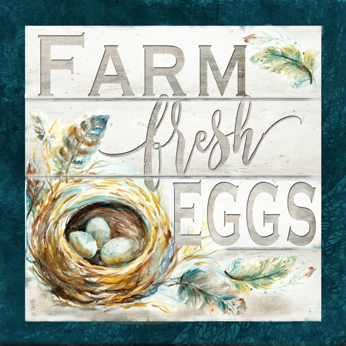 &quot;Farm Fresh Eggs&quot; Nest and Feathers against Shiplap background Watercolor