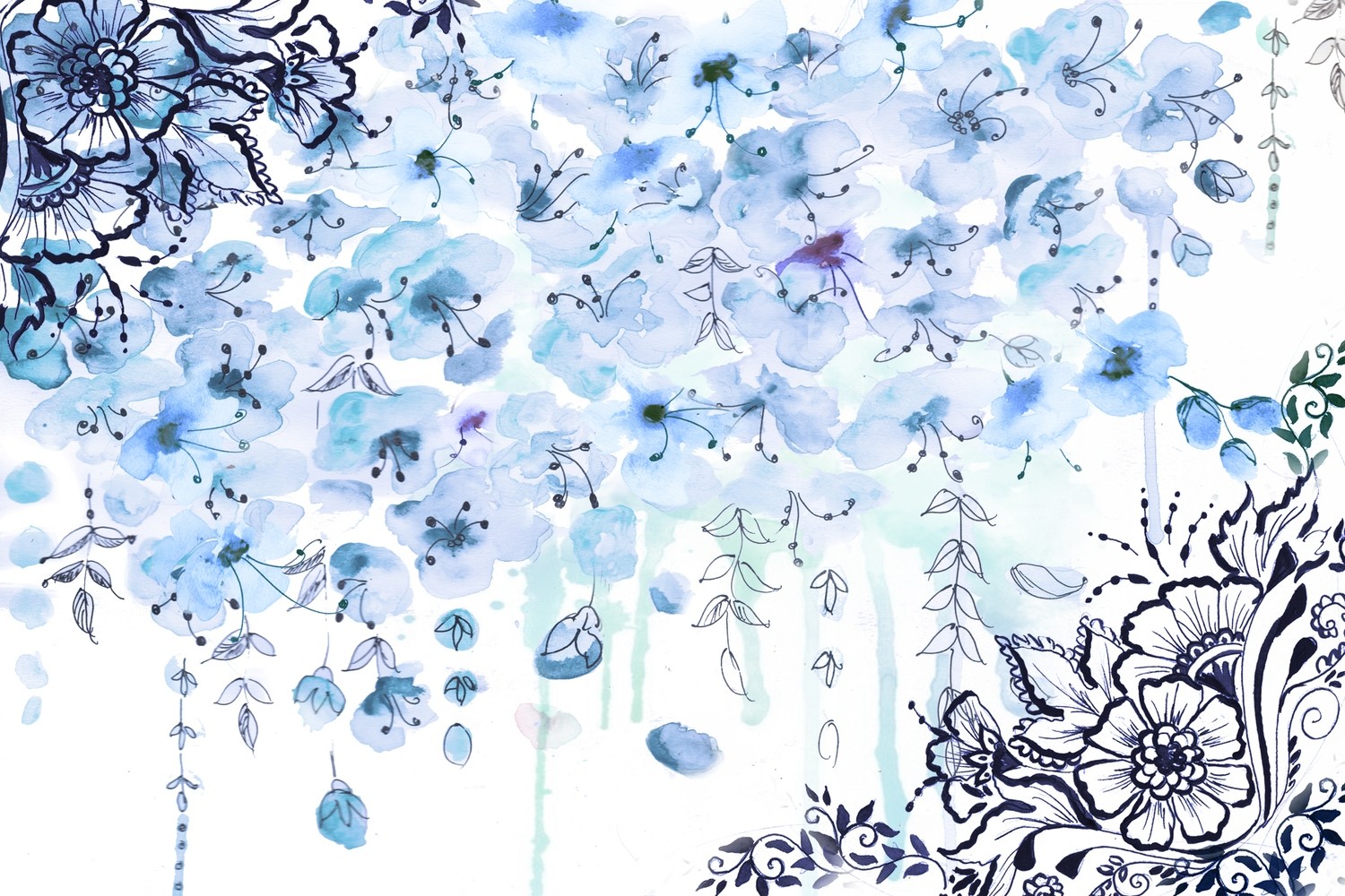 Blue Henna Blossom Watercolor Pen&amp; Ink Landscape