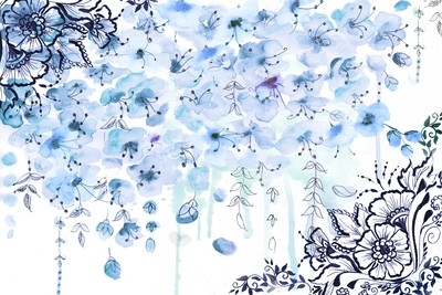 Blue Henna Blossom Watercolor Pen&amp; Ink Landscape
