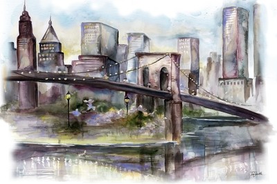 New York Bridge and Skyline Watercolor