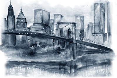 New York Bridge and Skyline Watercolor Greyscale