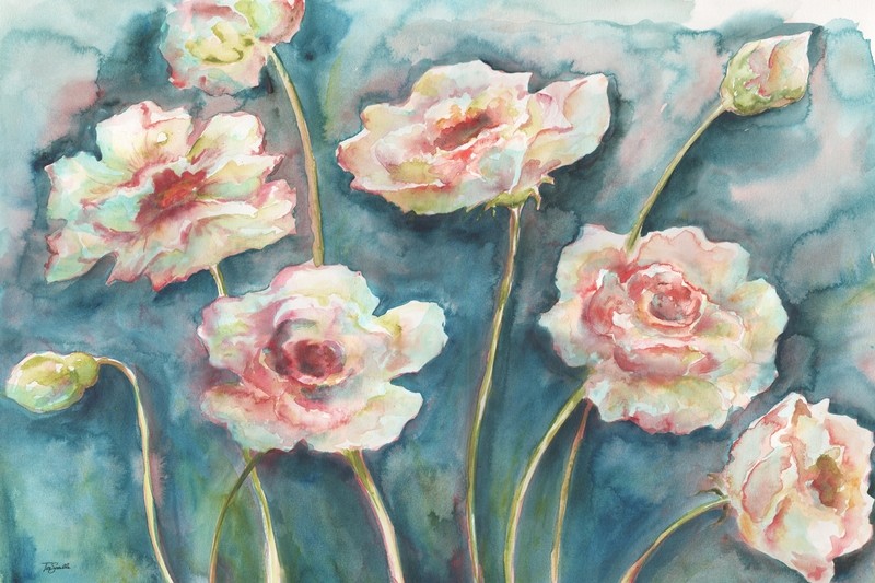 Watercolor Pink Peonies on Teal Background