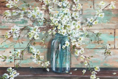Blossoms in Mason Jar against Distressed Wood