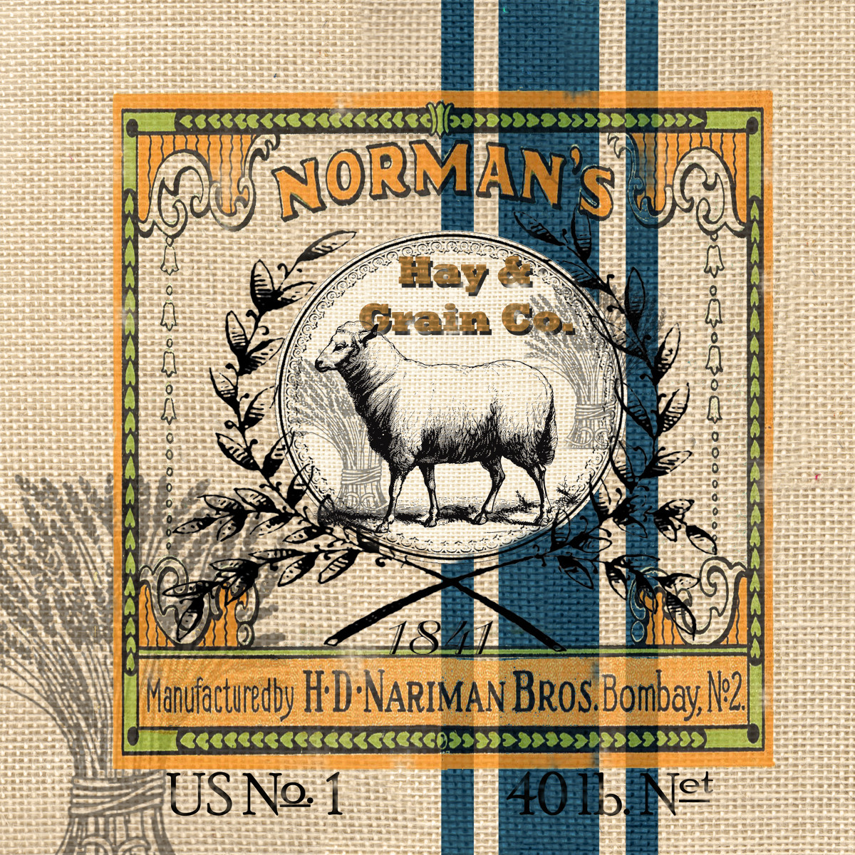 Burlap Grain Sack Farm Animals Sheep~ Blue and Yellow