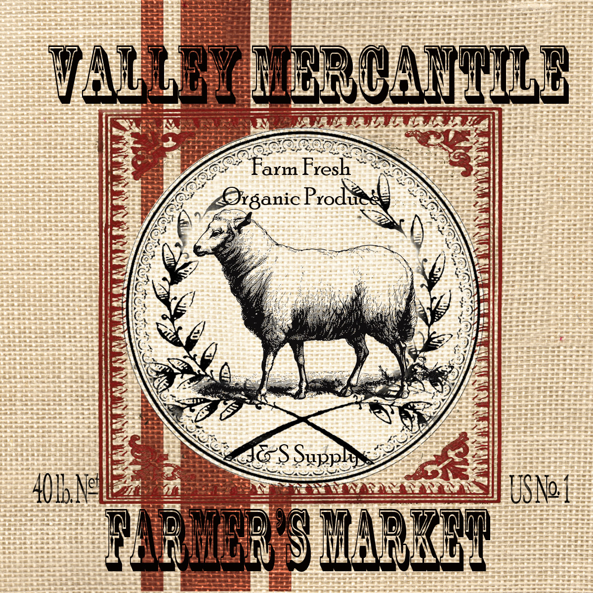 Burlap Grain Sack Farm Animals Sheep~ Red and Black