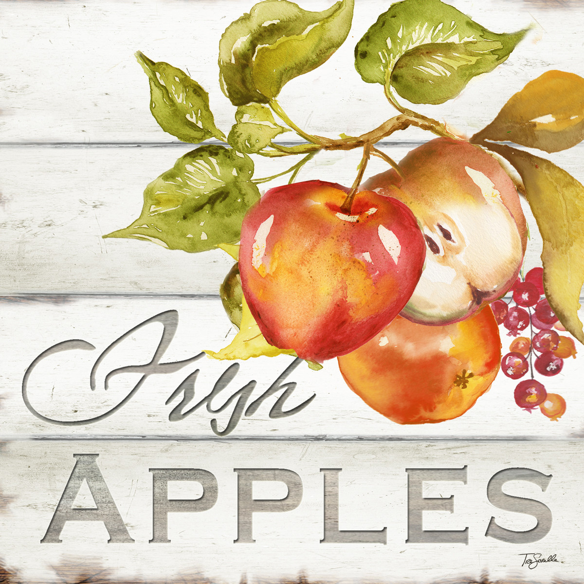 &quot;Fresh Apples&quot; against Shiplap background Watercolor