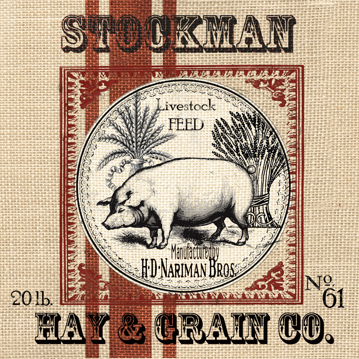 Burlap Grain Sack Farm Animals Pig~ Red and Black