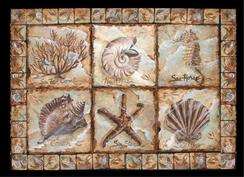 &quot;Sea Life&quot; Six 8&quot; Decorative Tiles  with 2&quot; Sea Shell Tile Border