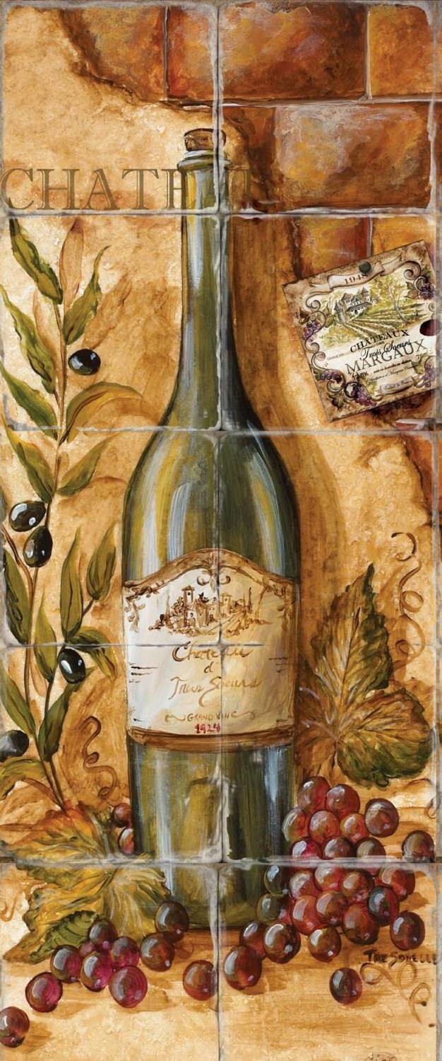 &quot;Three Wine Bottles Panels 1&quot; Printed Tile Mural
