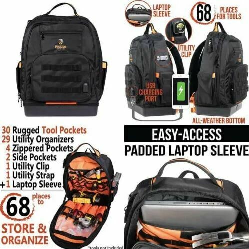 Rugged Tools Worksite Backpack - 68 Pockets &amp; Utility Organizers Including Laptop Sleeve up to 15.6" - Heavy Duty Jobsite Tool Bag Perfect Storage &amp; Organizer B1D502
