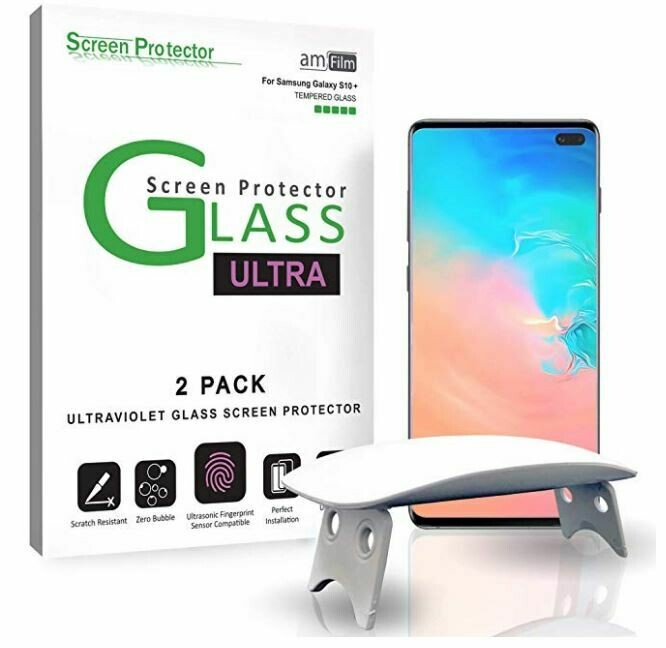 AMFilm Ultra Glass Screen Protector for Galaxy S10, (2 Pack) UV Gel Application    B1M213