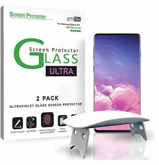 amFilm Ultra Glass Screen Protector for Galaxy S10 Plus, (2 Pack) UV Gel Application, Tempered Glass, Compatible with UltraSonic Fingerprint Scanner for Galaxy S10 (2019)      B1M203