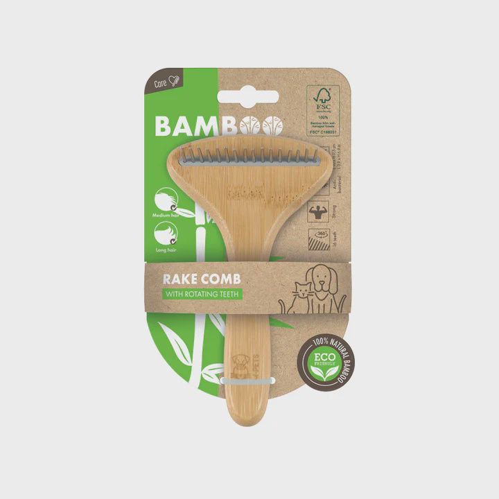 M-PETS Bamboo Rake Comb With Rotating Teeth - 16 Teeth
