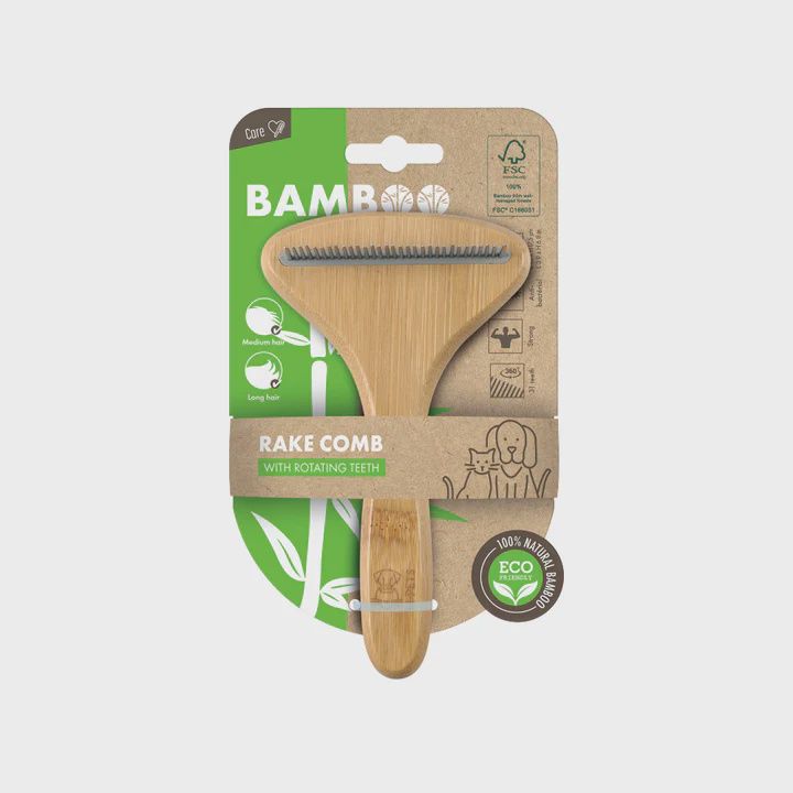 M-PETS Bamboo Rake Comb With Rotating Teeth - 31 Teeth