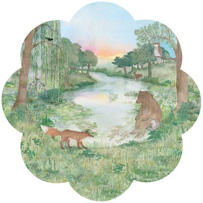 Am See- Tapete in Blumenform fürs Kinderzimmer, Hartendief Wandsticker mit Wald Tieren wie Bär, Fuchs und Eule. Selbstklebend