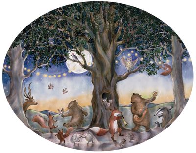 Waldfest der Tieren Tapete Oval mit tanzende Tieren im Wald.