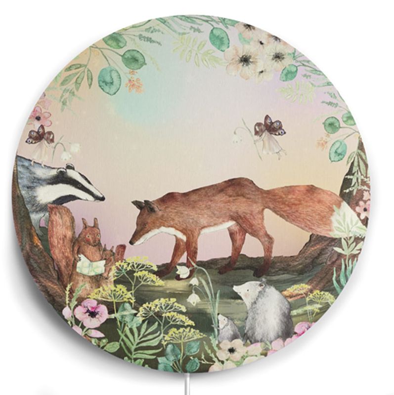 Summernight wall lamp with woodland animals, fox and hedgehog for nursery and kids room. Flower fairies spread stars at night