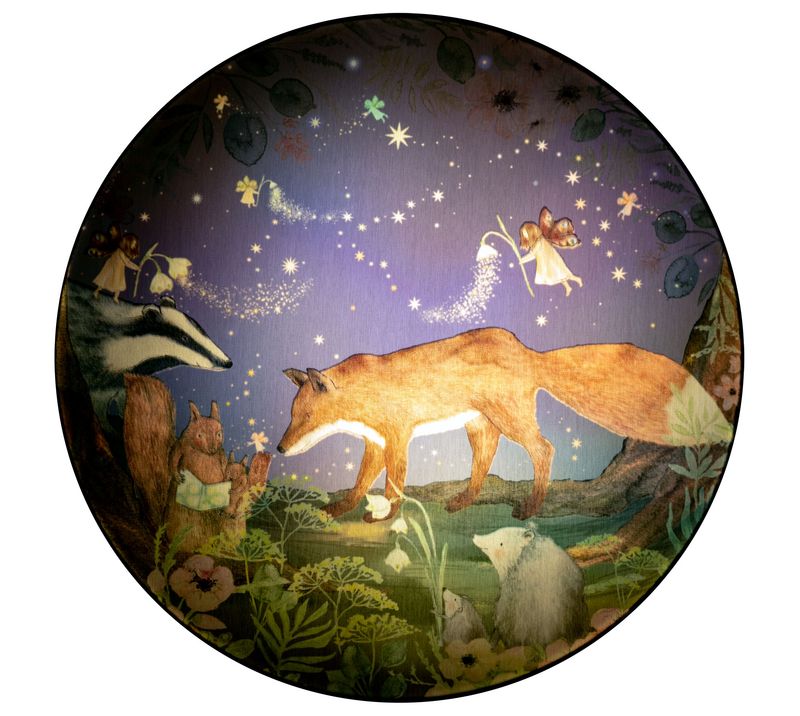 Summer Night wall lamp for children's rooms, featuring forest animals in woodland setting with magical fairies.