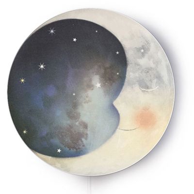 Sweet Dreams wall lamp with moon and stars, a woodland scene with Swan lake, Deer and Owl appears with the light switched on