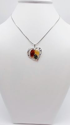 Herzanhänger aus 925er Silber mit buntem Bernstein