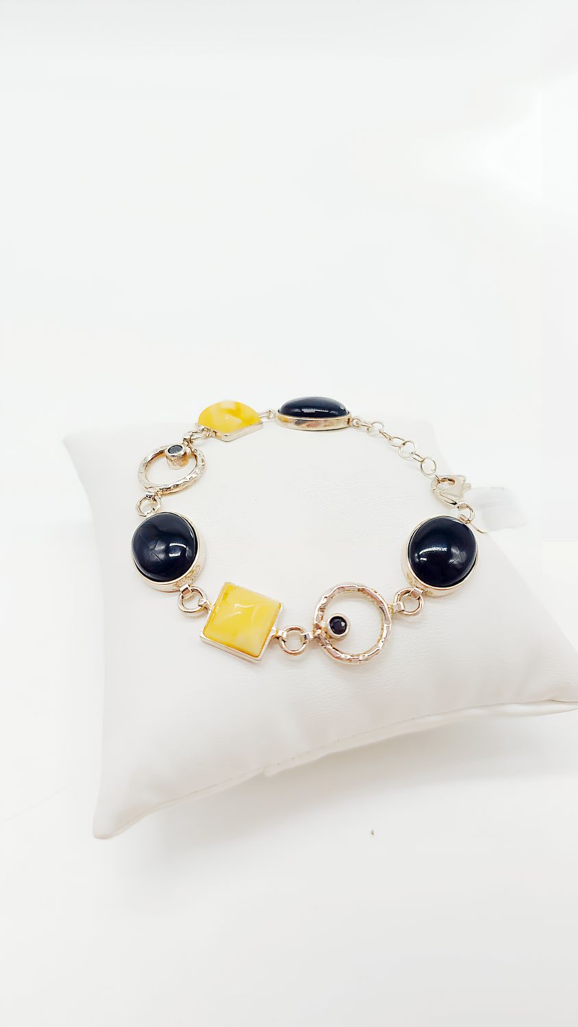 Bernstein-Onyx Armband mit verstellbarer Länge 16+4 cm