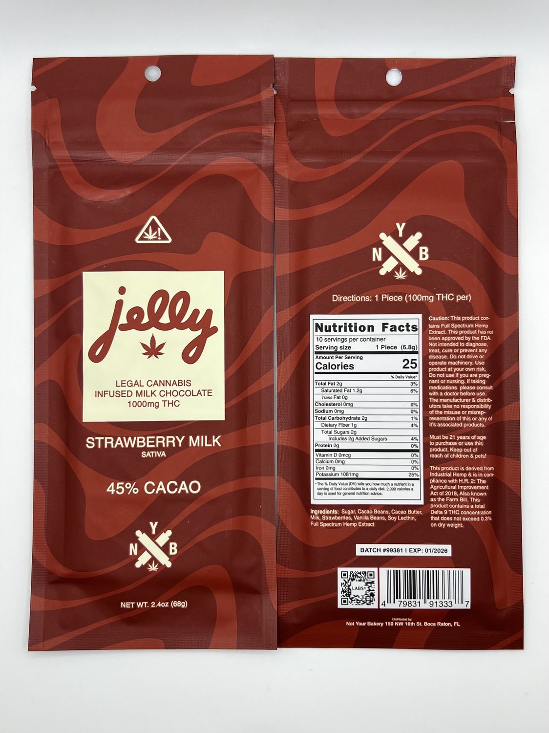 Jelly 1000mg chocolate bar, Flavor: Strawberry Milk / Sativa