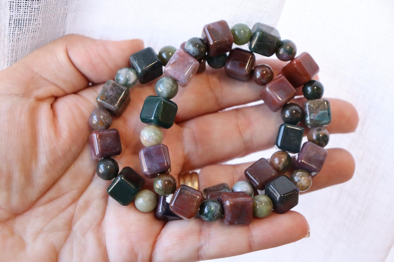 Ocean Jasper Cubed Bracelet | 8mm Round + 10mm Cube