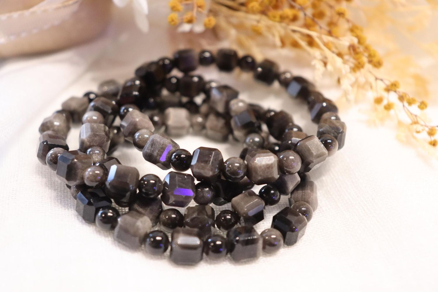 Silver Obsidian Faceted Bracelet | Round 5mm, Square 8mm