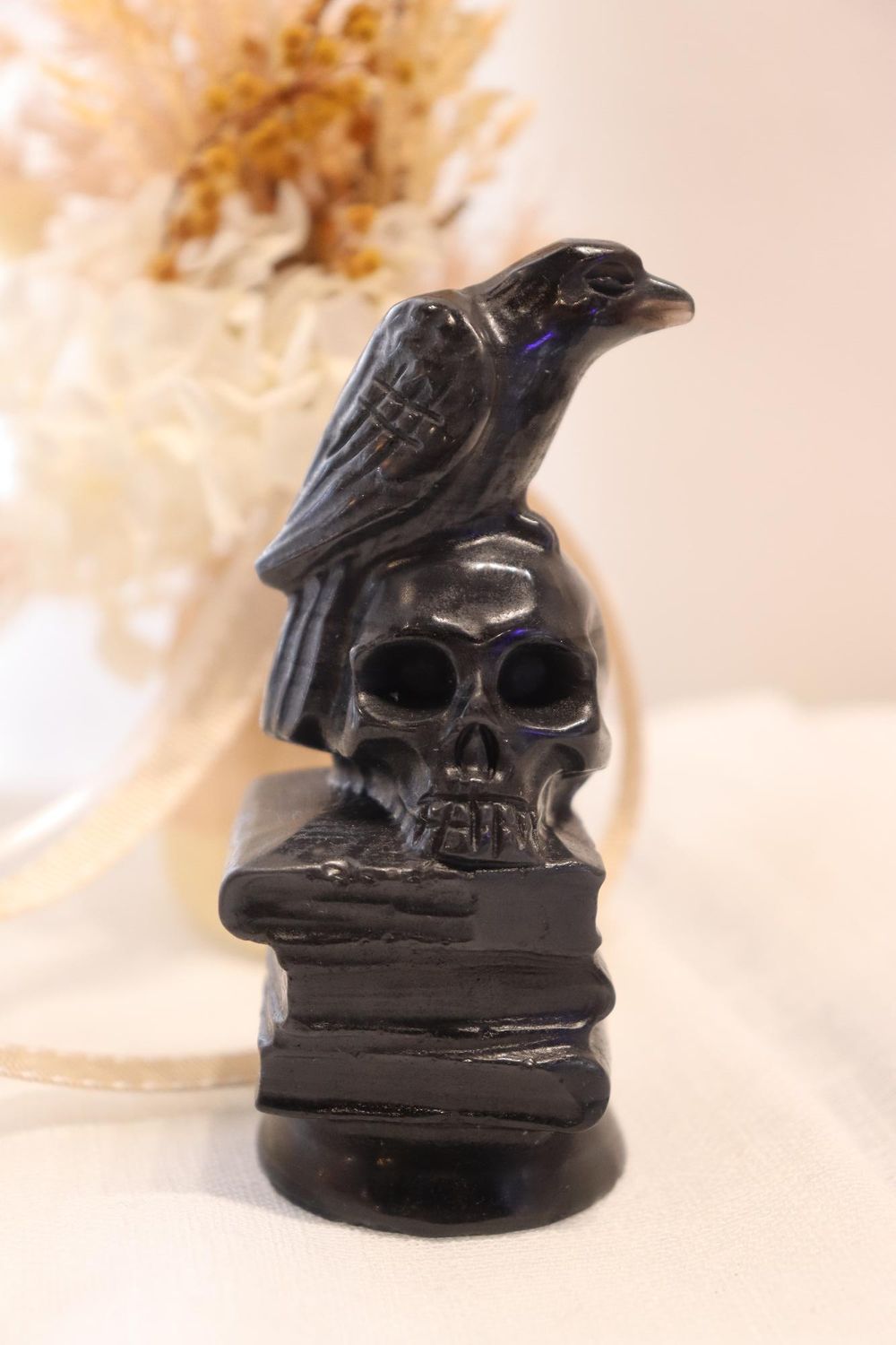 Banded Black Obsidian Crow, Skull + Books Carving