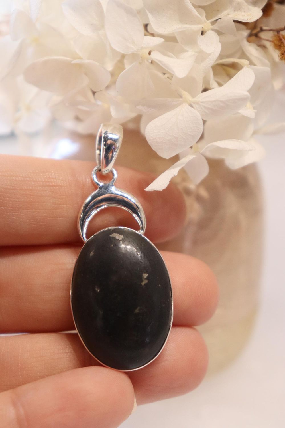 Shungite + Pyrite Pendant | Moon
